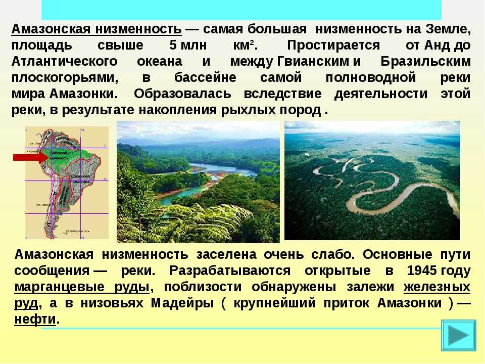 Все про Амазонскую низменность, где она находится на карте, рельеф, климат, подробное описание, высота и другая информация