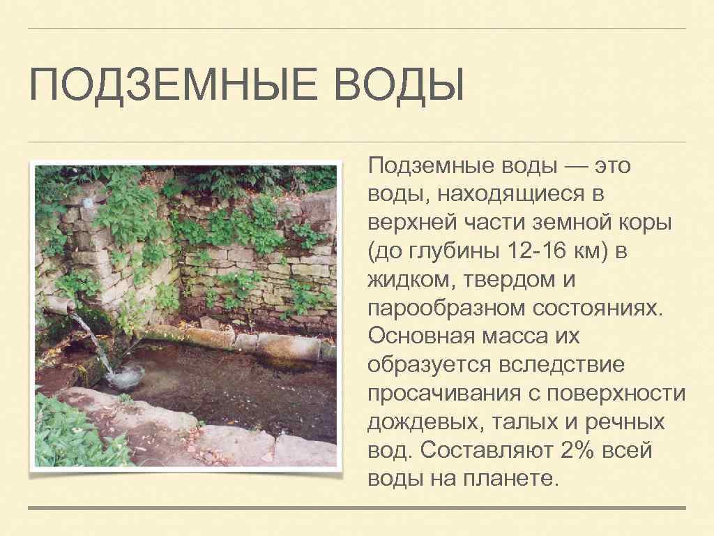 Подземные ⭐ воды: определение, типы, характеристики, движение